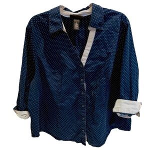 Lane Bryant Blue White Polka Dot 3/4 Sleeve Button Front Shirt Womens Plus 26